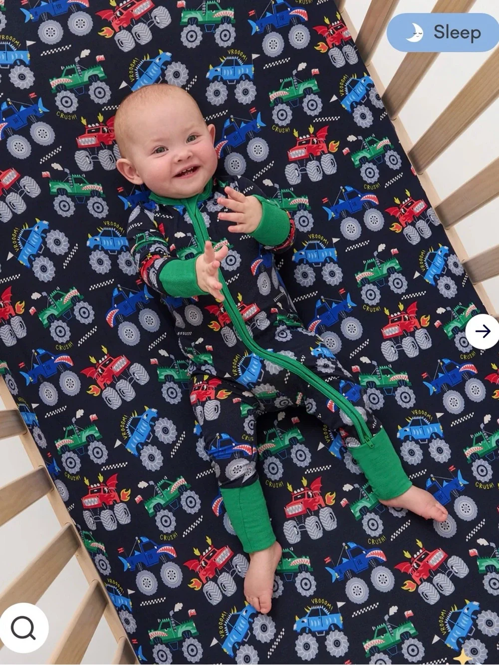 Little Sleepies Monster Truck Crib  sheet- Black with Red, Green & Blue trucks